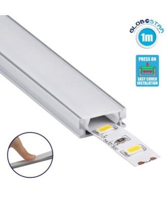 GLOBOSTAR® ALP-LINEAR SURFABO 70805-1M Επιφανειακό Προφίλ Αλουμινίου με Λευκό Γαλακτερό Πατητό Κάλυμμα για Ταινίες LED IP20 - Ασημί & Λευκό - Μ100 x Π1.6 x Υ0.7cm